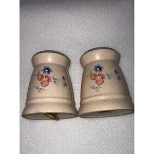 Vintage Salt And Pepper Shakers Stoneware Tan Floral Painted